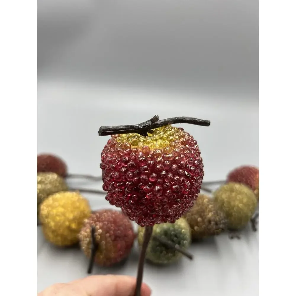 9 Vtg Glass Sugared Beaded Fruit Floral Picks Xmas Ornaments Apples Pear Jeweled